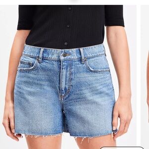 Loft Curvy Destructed High Rise Cut Off Denim Shorts in Authentic Dark Wash